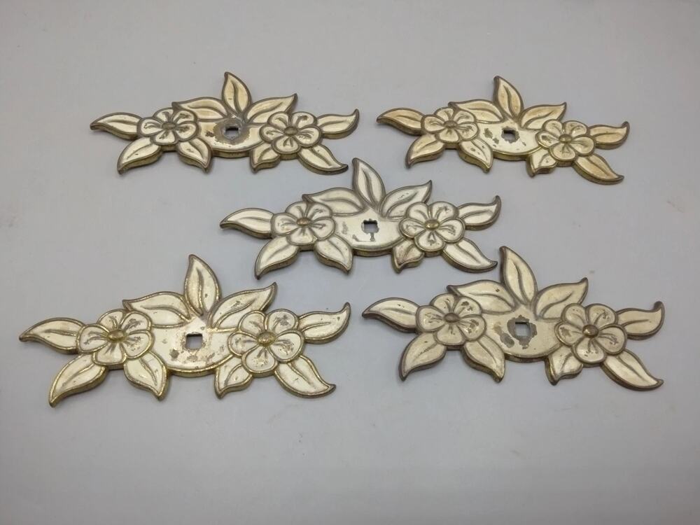5 Vintage Flower Brass Flower Drawer Door Pull Back Plate